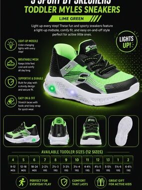 Skechers Toddler Myles Light-Up Sneakers in Lime Green and Black